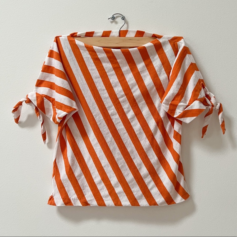 Vintage 1960s tie sleeve slash neck top diagonal stripe orange and white medium
